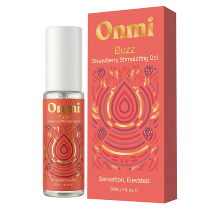 Onmi Buzz Strawberry Stimulating Gel shown in a clear cylindrical bottle with a white cap next to its coral-red packaging box featuring gold and pink graphic patterns.