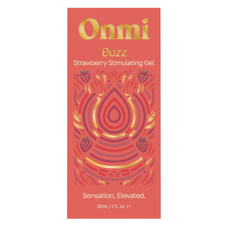 Onmi Buzz Strawberry Stimulating Gel in a tall rectangular box with a coral-red background, gold and white text, and an ornate symmetrical floral pattern in red, pink, and gold.
