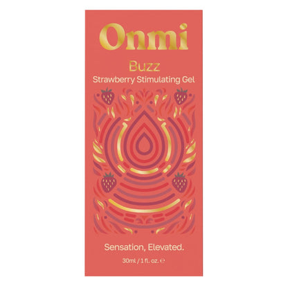 Onmi Buzz Strawberry Stimulating Gel in a tall rectangular box with a coral-red background, gold and white text, and an ornate symmetrical floral pattern in red, pink, and gold.