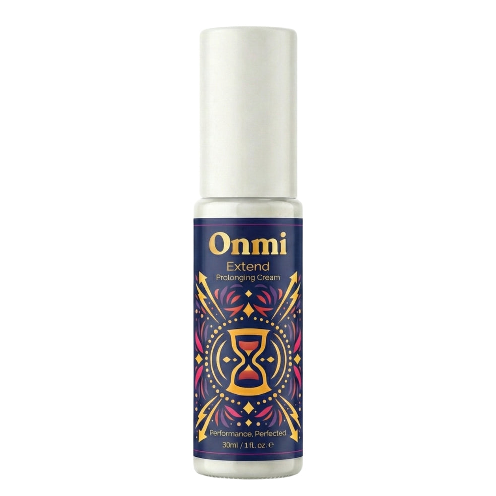 Onmi Extend Prolonging Cream in a 30ml cylindrical bottle with a white cap and a dark blue label featuring a gold and purple hourglass design.