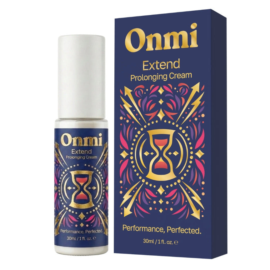 Onmi Extend Prolonging Cream 30ml bottle next to its dark blue packaging box, both featuring gold and pink mandala-style graphics.