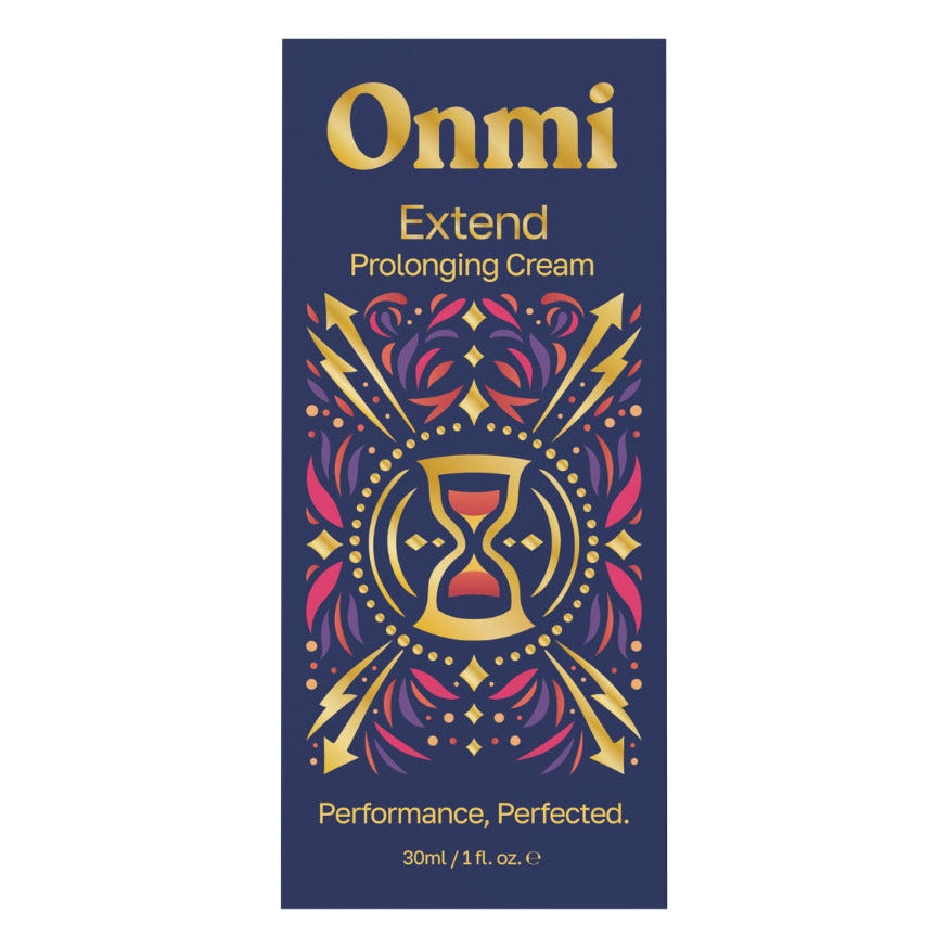 Onmi Extend Prolonging Cream packaging box, featuring a dark navy blue background with gold and purple ornate patterns and text.
