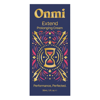 Onmi Extend Prolonging Cream packaging box, featuring a dark navy blue background with gold and purple ornate patterns and text.