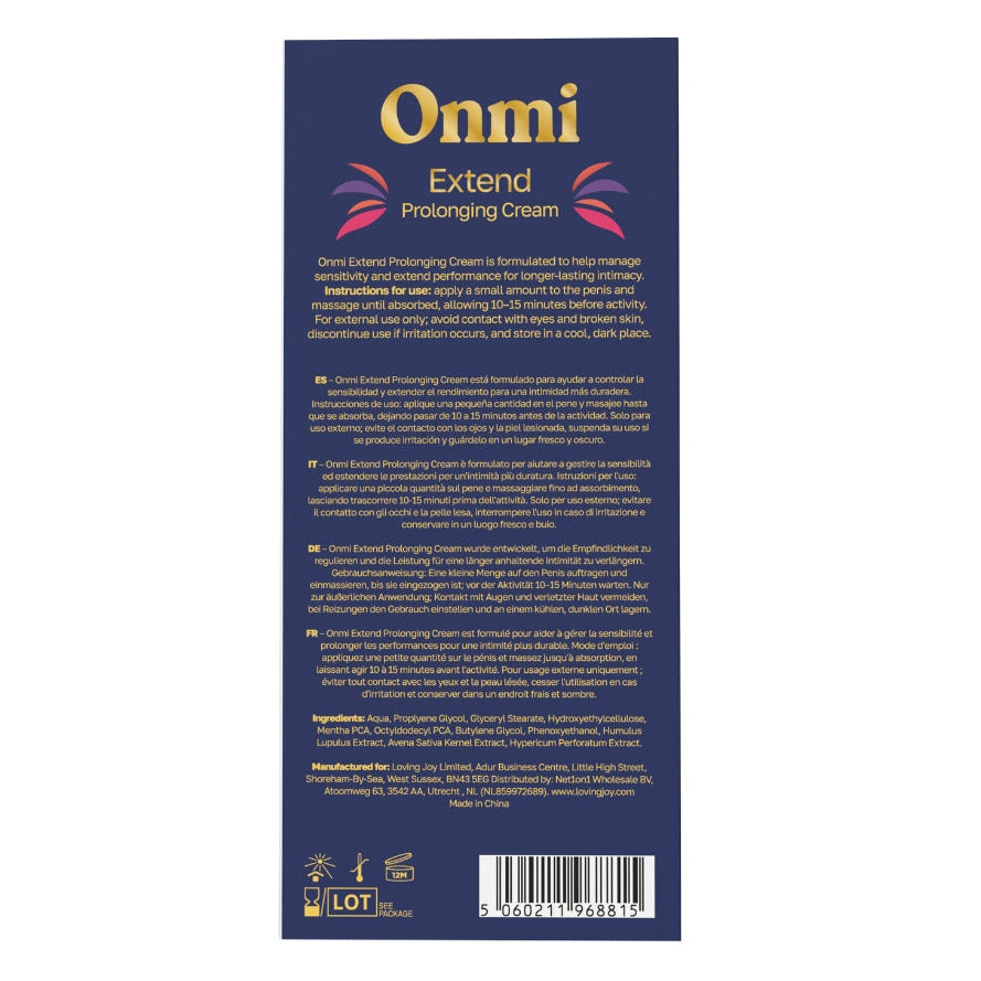 The back of the Onmi Extend Prolonging Cream packaging, featuring a dark navy blue background with gold and white text and a barcode at the bottom.