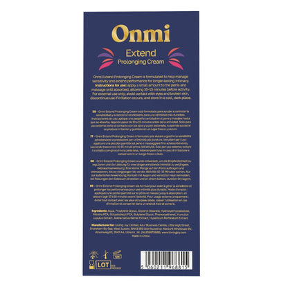 The back of the Onmi Extend Prolonging Cream packaging, featuring a dark navy blue background with gold and white text and a barcode at the bottom.