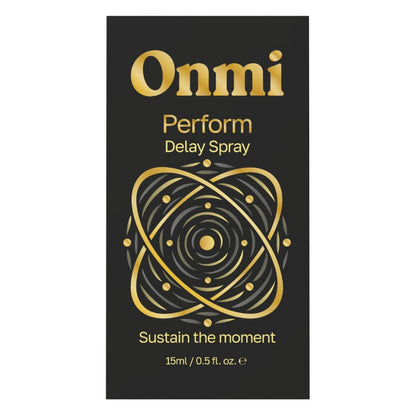 Onmi Perform Delay Spray 15ml bottle packaging, featuring a black rectangular box with gold lettering and an atom graphic on a white background.