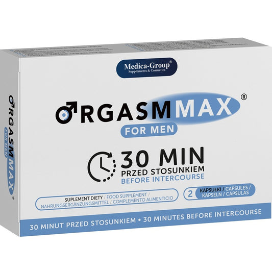 Box of Orgasm Max for Men supplement with Medica Group branding on a white background