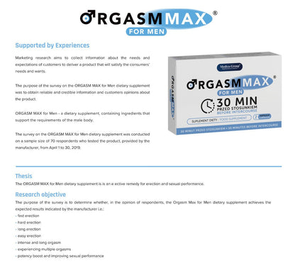 Box of Orgasm Max for Men dietary supplement on a white background