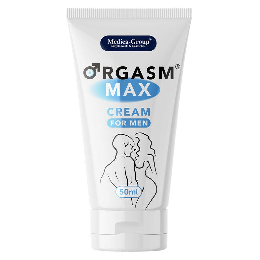 Tube of 'Orgasm Max' cream for men on a white background