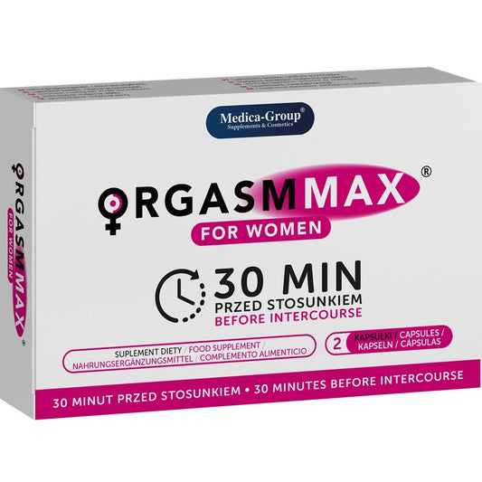 Box of Orgasm Max for Women supplement with Medica Group branding on a white background