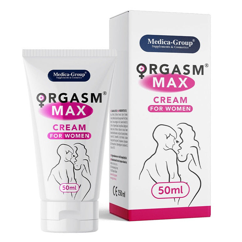 Orgasm Max cream packaging with tube and box on a white background