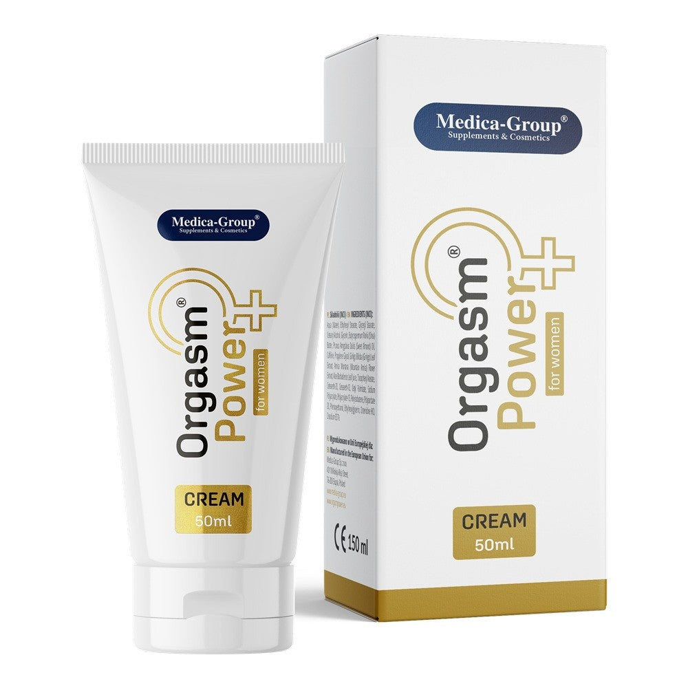 Orgasm Power+ cream tube and packaging on a white background