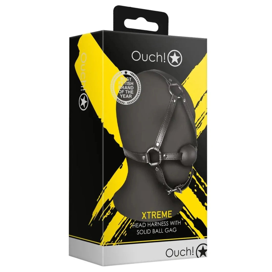 Ouch! brand packaging of a head harness with solid ball gag on a white background