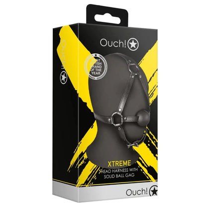 Ouch! brand packaging of a head harness with solid ball gag on a white background