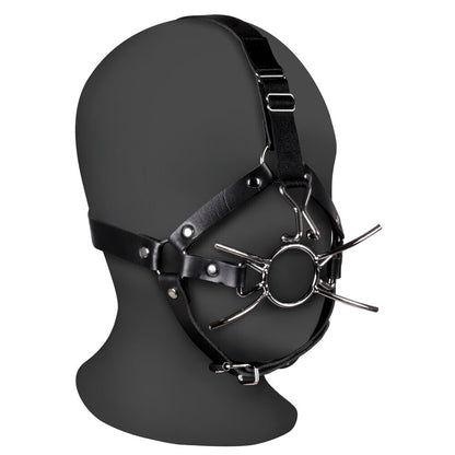 Black leather head harness with metal components on a mannequin head against a white background