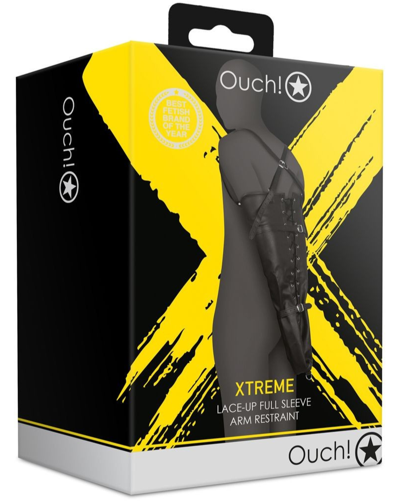 Ouch! Xtreme lace-up full-sleeve arm restraint packaging with yellow and black design.