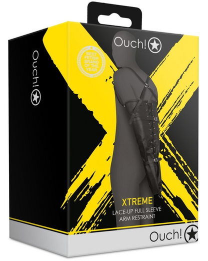 Ouch! Xtreme lace-up full-sleeve arm restraint packaging with yellow and black design.