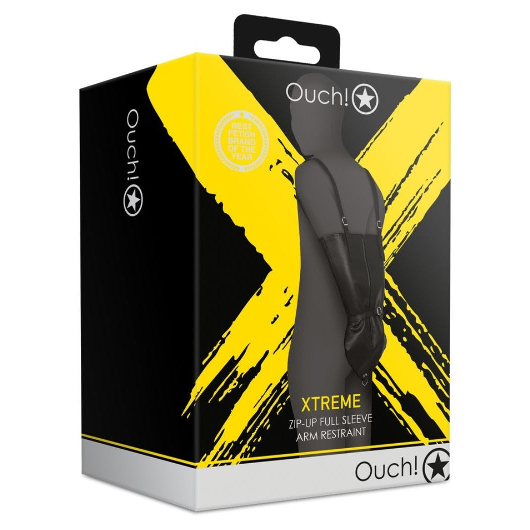 Ouch! Xtreme zip-up full sleeve arm restraints packaging with yellow and black design.