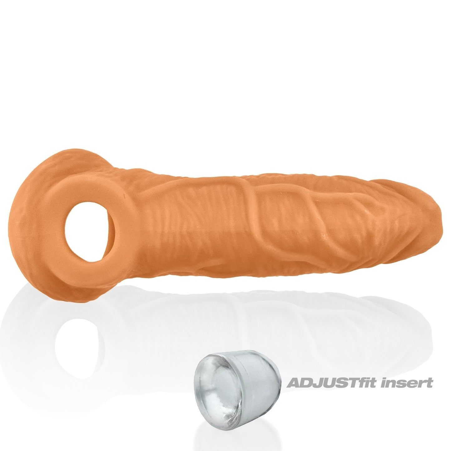Silicone penis extender with a white cap labeled 'ADJUSTfit insert' on a white background