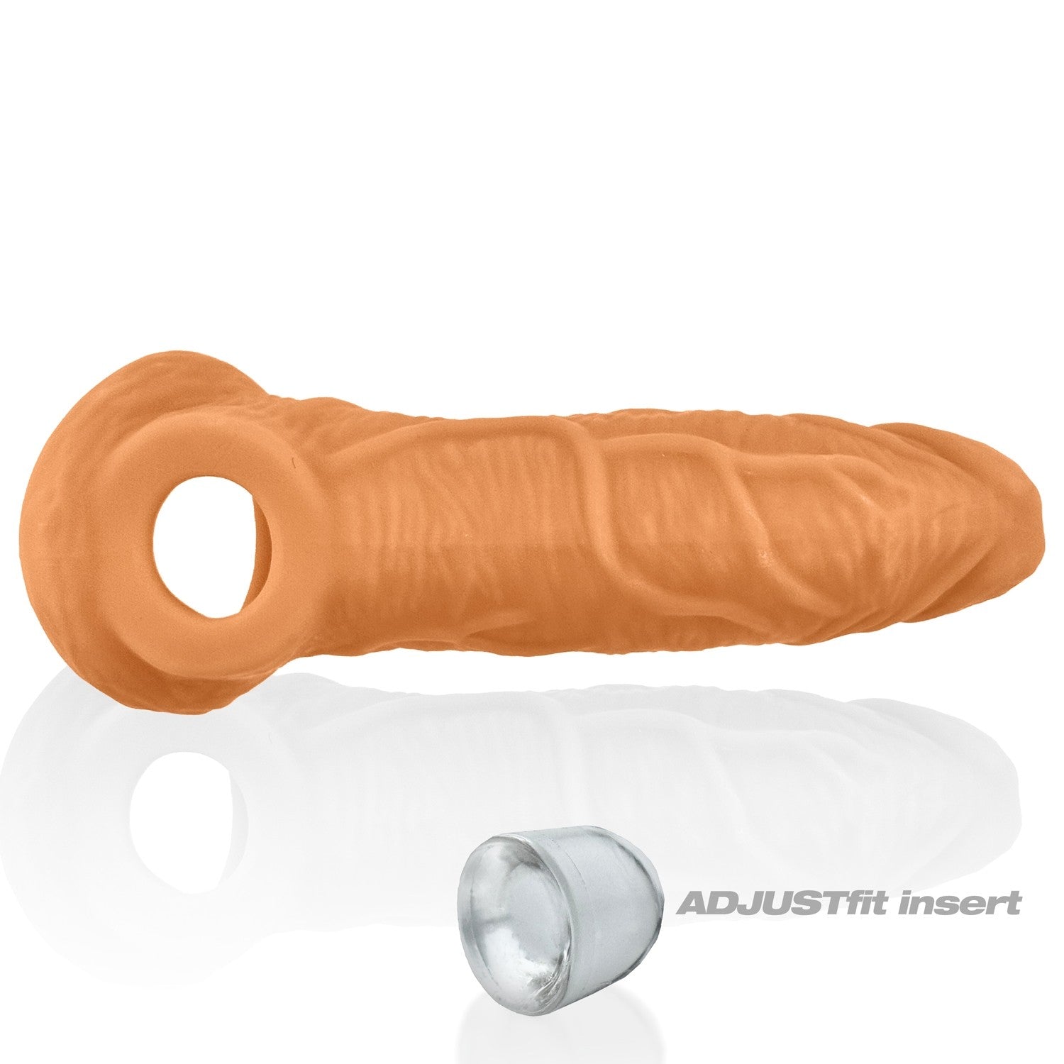 Silicone penis extender with a white cap labeled 'ADJUSTfit insert' on a white background
