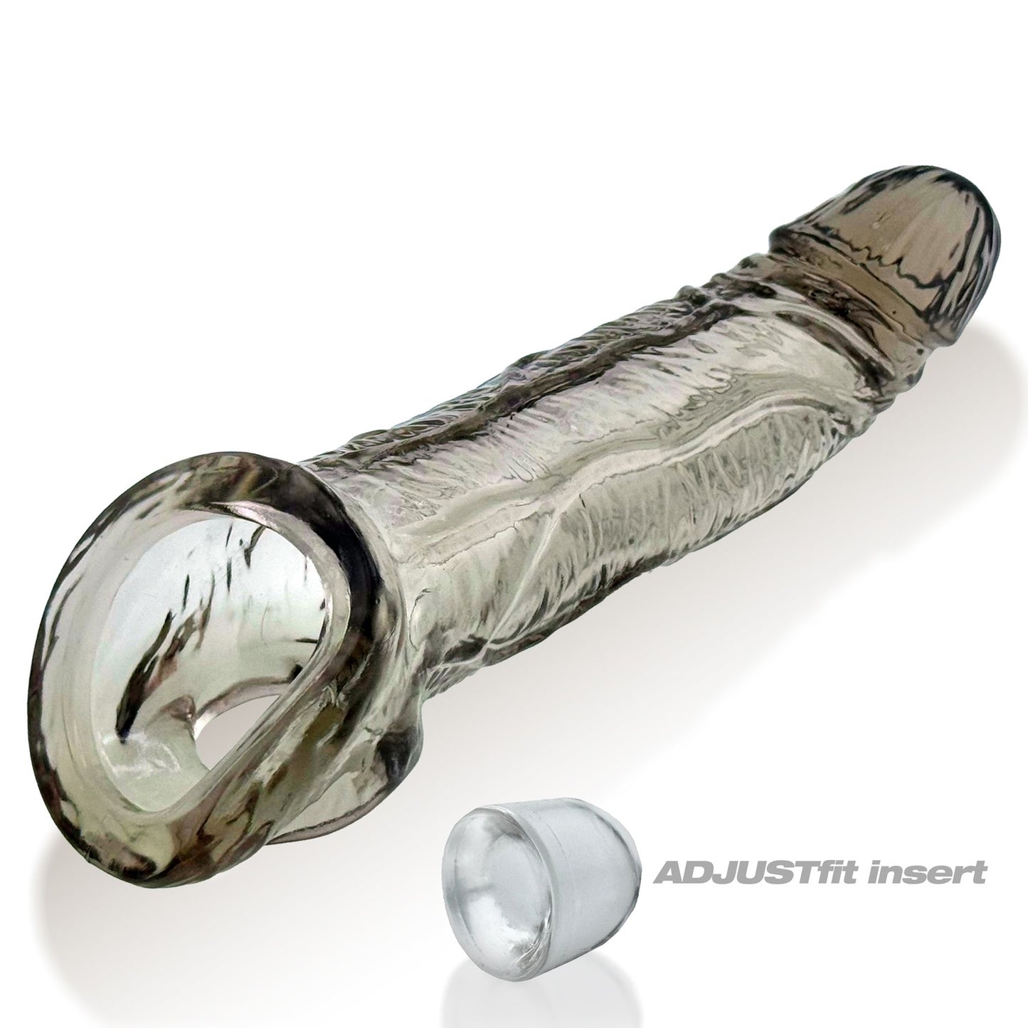 Penis Extender Sleeve with textured design and adjustable fit insert on a white background