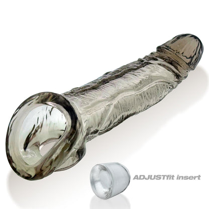 Penis Extender Sleeve with textured design and adjustable fit insert on a white background