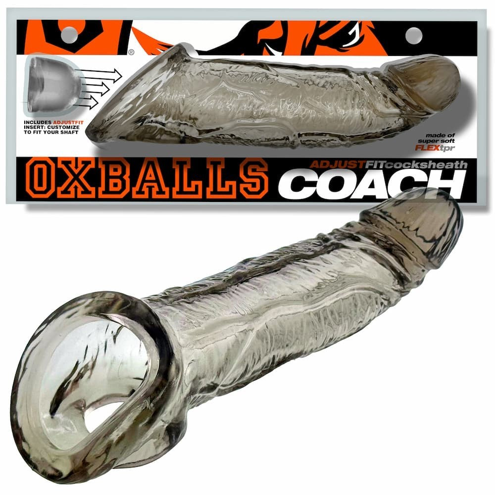 Clear cocksheath with 'Oxballs Coach' branding on a white background
