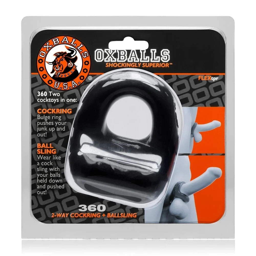 Oxballs product packaging with black and white device on a gray background