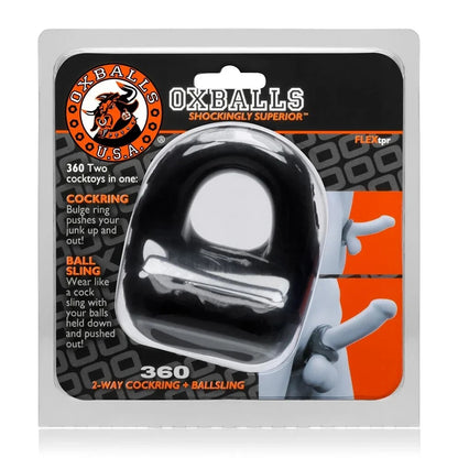 Oxballs product packaging with black and white device on a gray background