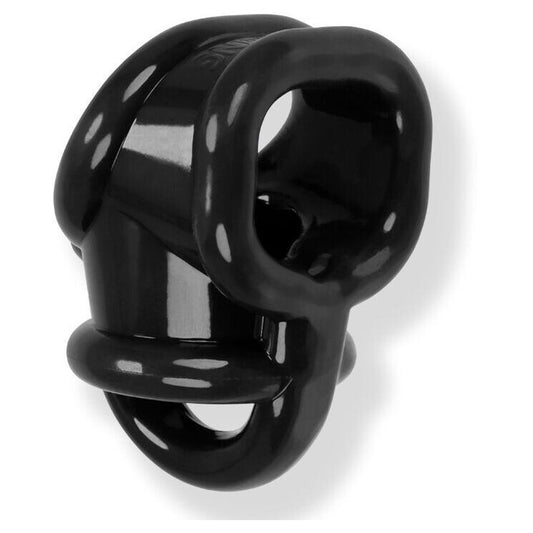 Black silicone cock ring with a ball splitter design on a white background