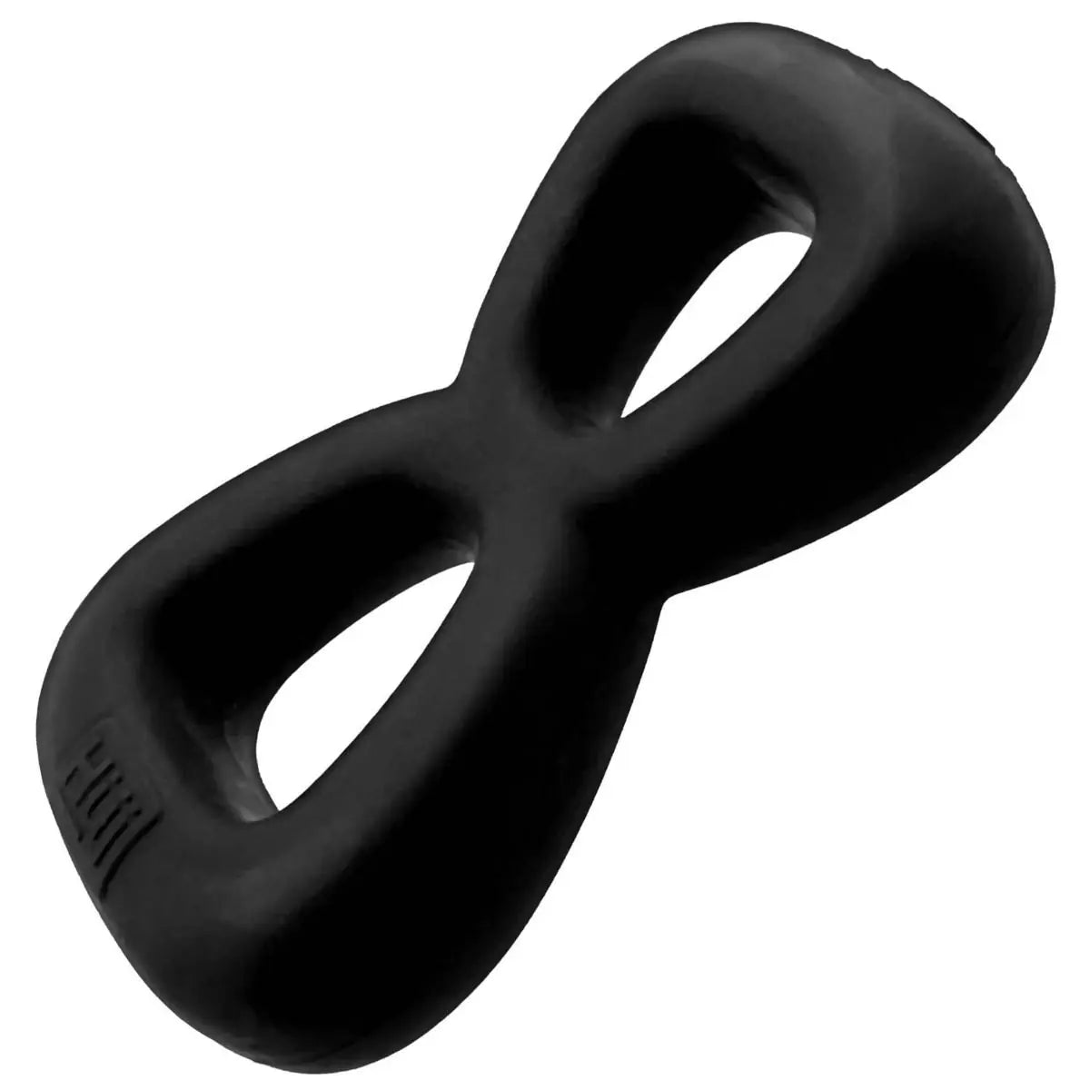 Black silicone cock ring sex toy with a unique design on a white background