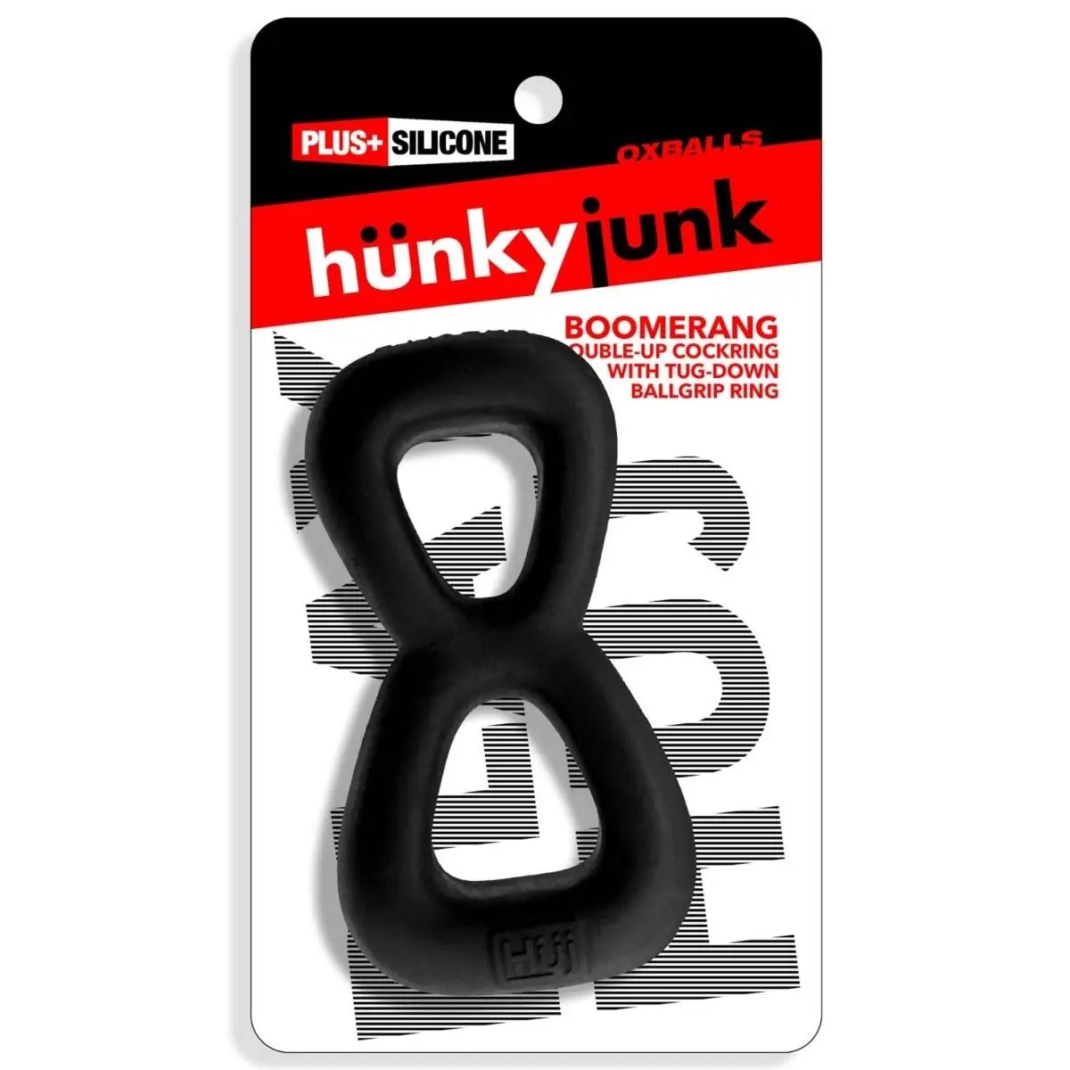 Black boomerang-shaped cock testicle ring product on a 'hunkyjunk' branded packaging