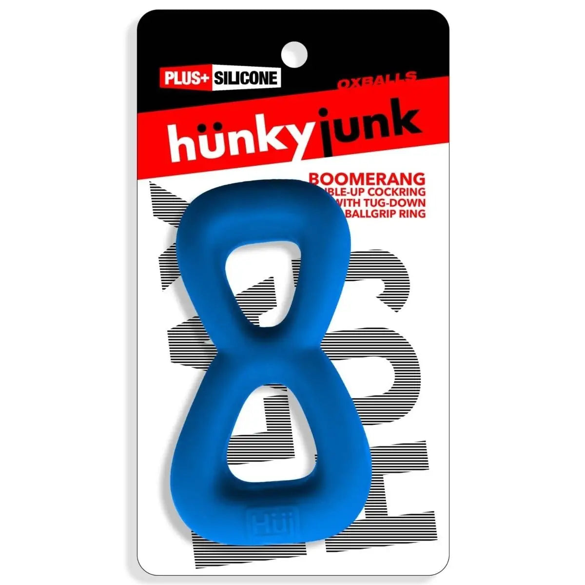 Oxballs Hunky Junk Boomerang Double Ring Cockring & Nut Tugger Blue packaging on a white background