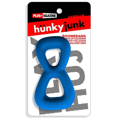 Oxballs Hunky Junk Boomerang Double Ring Cockring & Nut Tugger Blue packaging on a white background