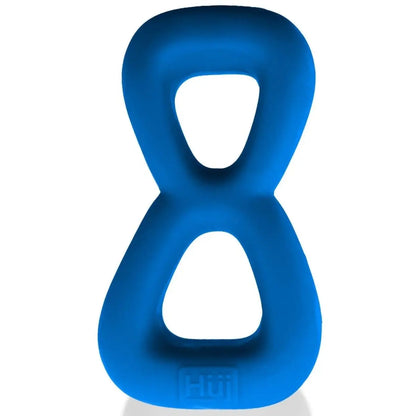 A bright blue, silicone 8-shaped sex toy with two loops, shown on a clean white background with a subtle reflection.