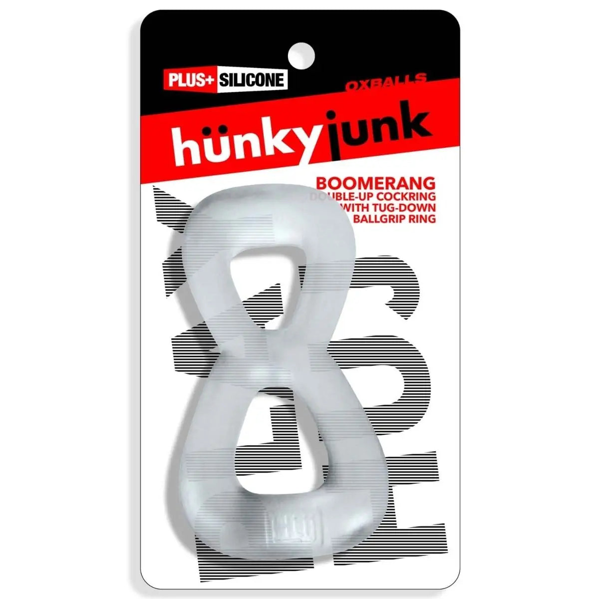 Hunky Junk boomerang silicone cockring on a clear background