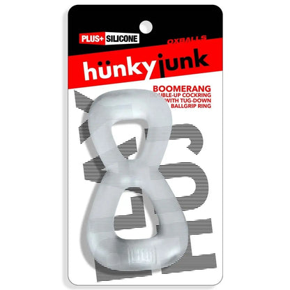 Hunky Junk boomerang silicone cockring on a clear background