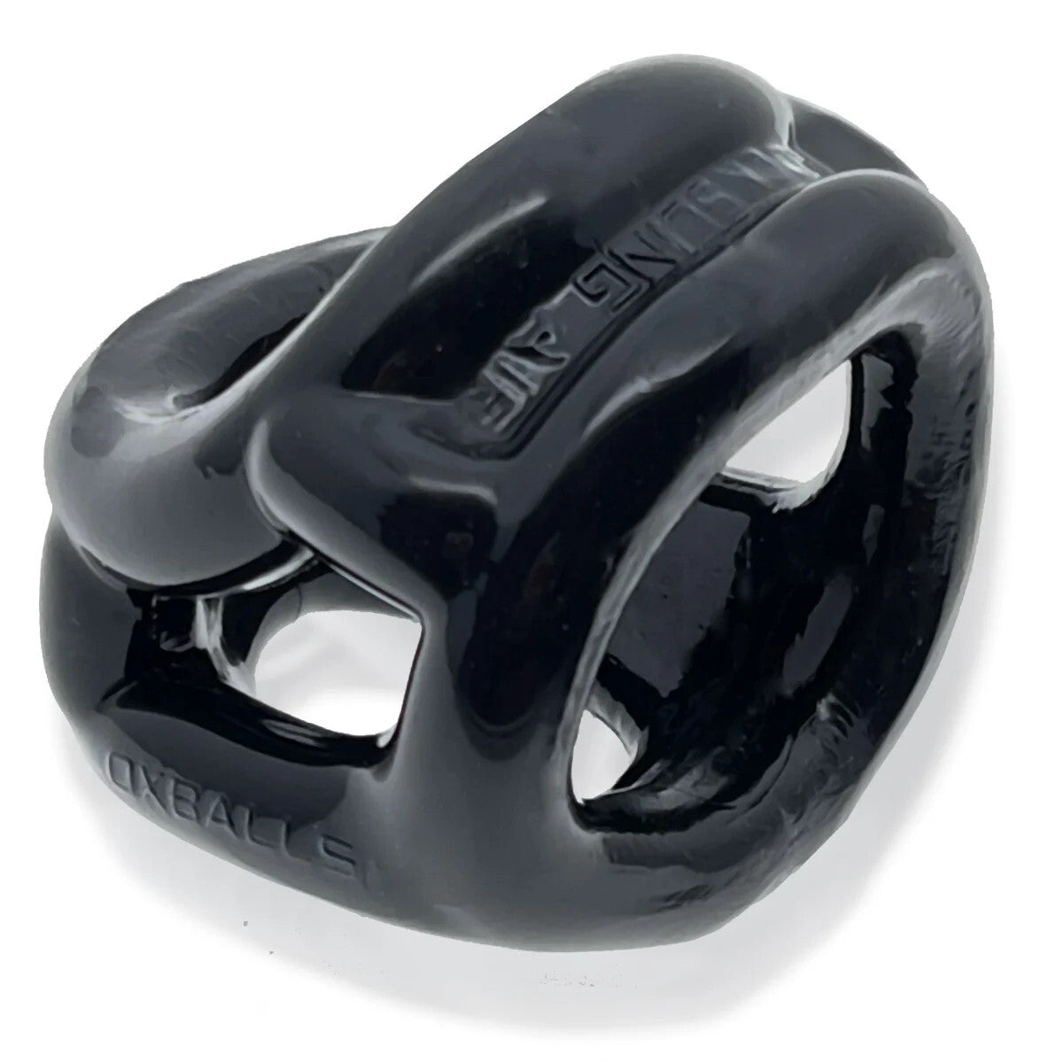 Black silicone cock ring sex toy with 'OXballs' branding on a white background