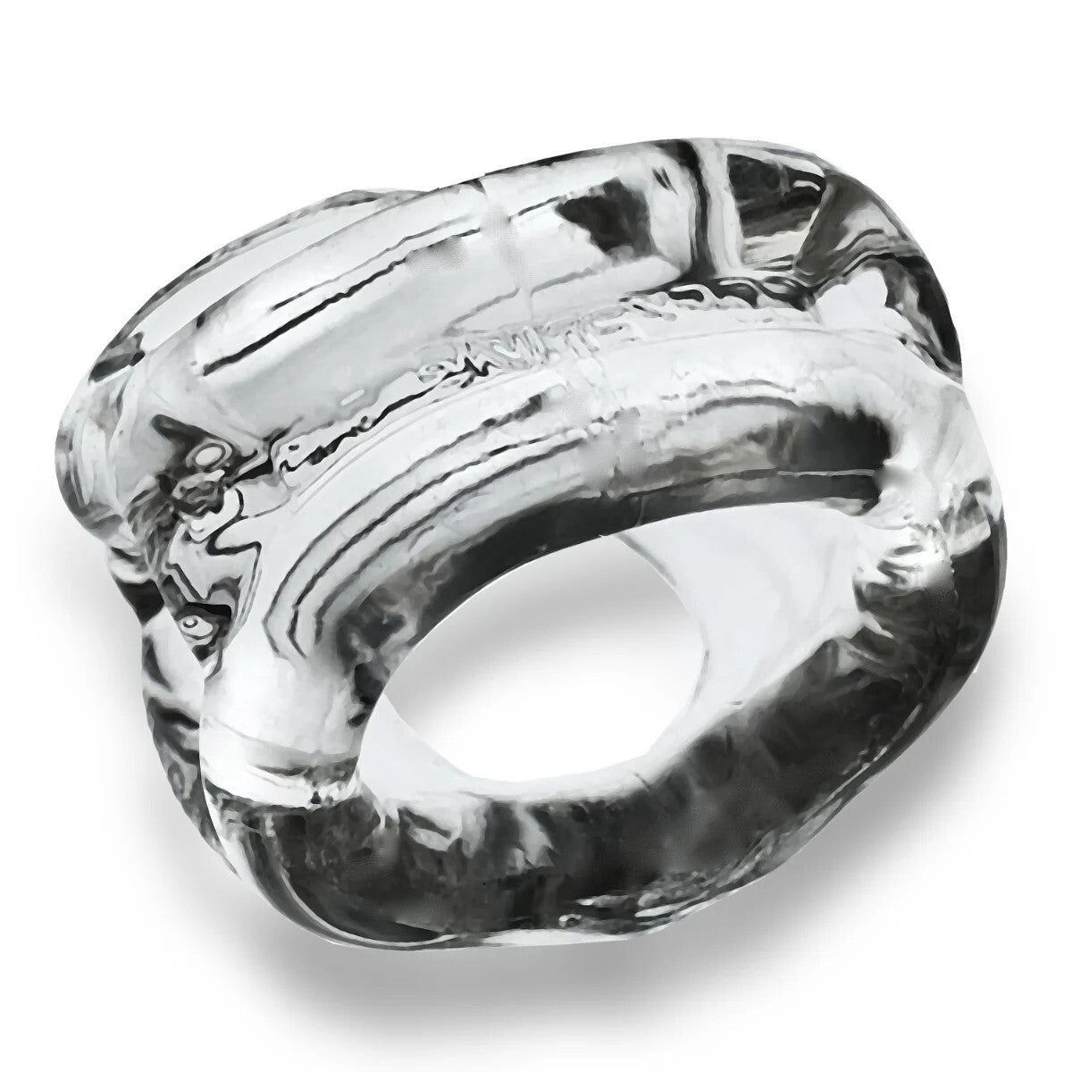 Clear cock ring with a textured surface on a white background