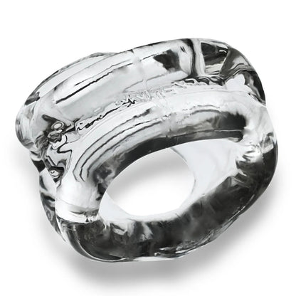 Clear cock ring with a textured surface on a white background
