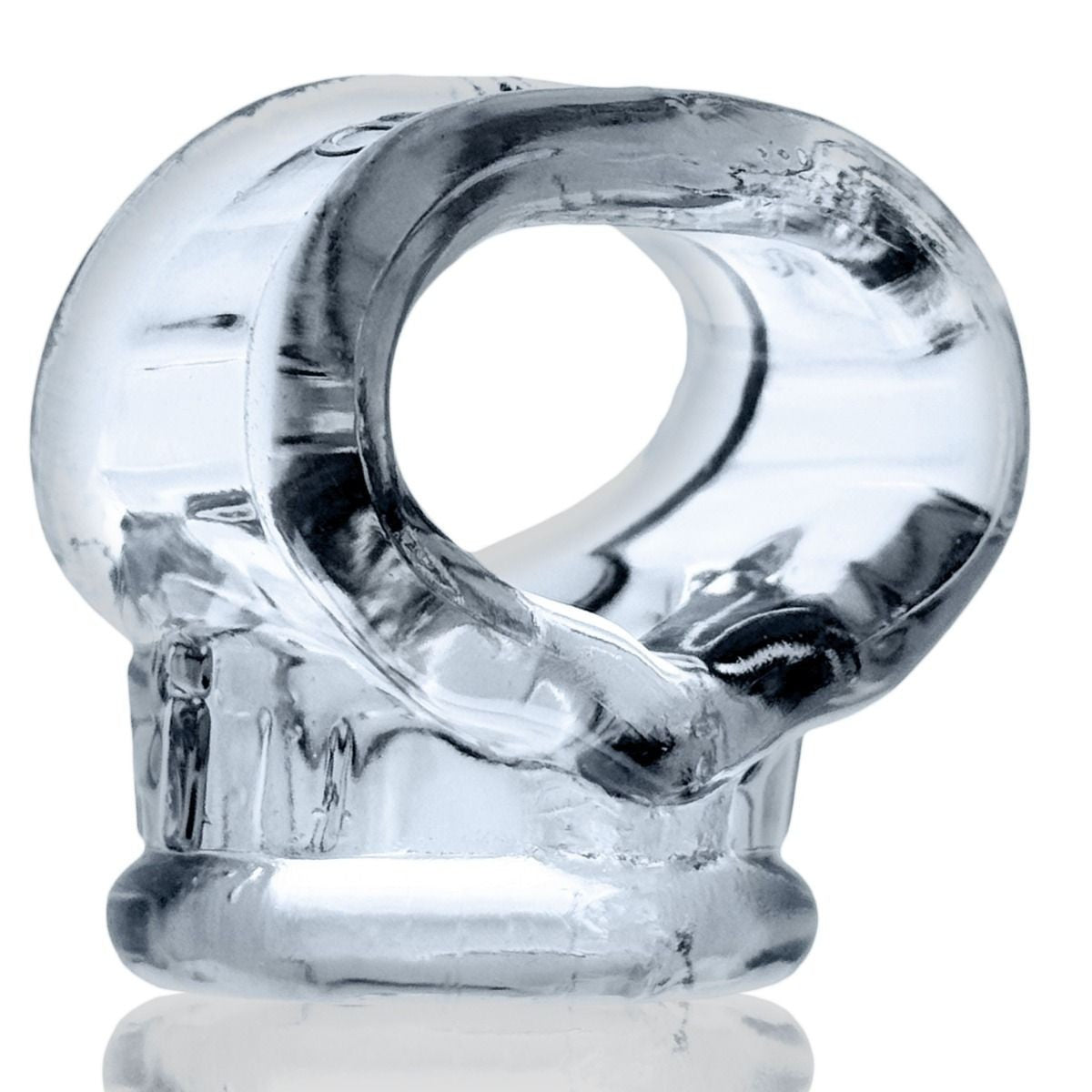 Clear silicone cock ring on a white background