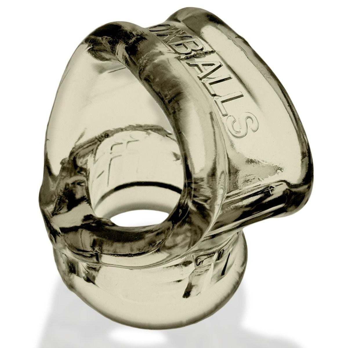 Clear silicone cock testicle ring with 'OxBalls' branding on a white background