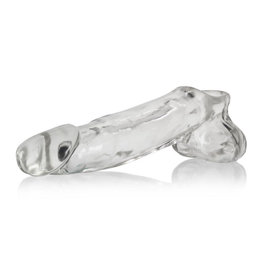 Clear penis extender sleeve on a white background