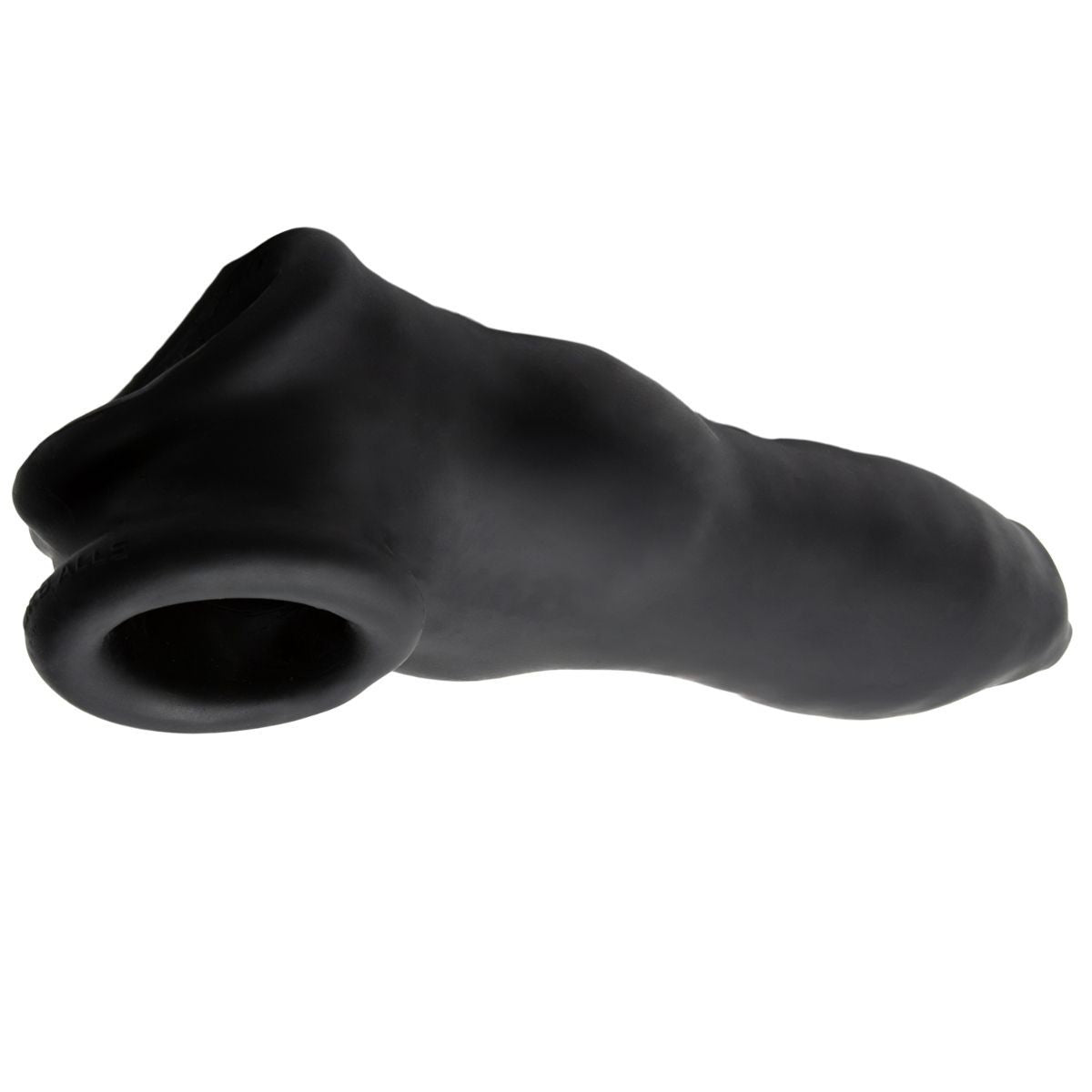 Black silicone penis sleeve on a white background