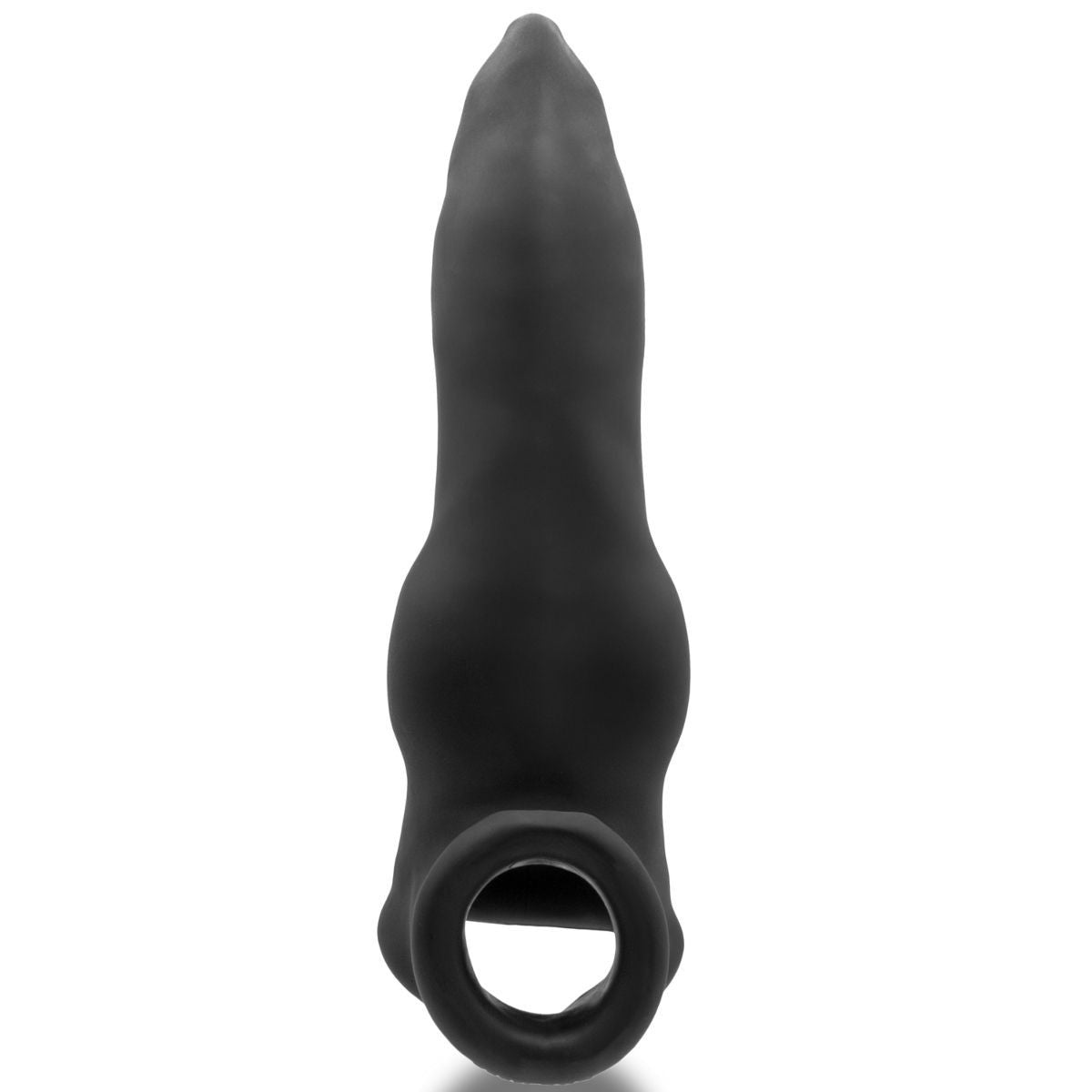 Black silicone penis extender sleeve on a white background