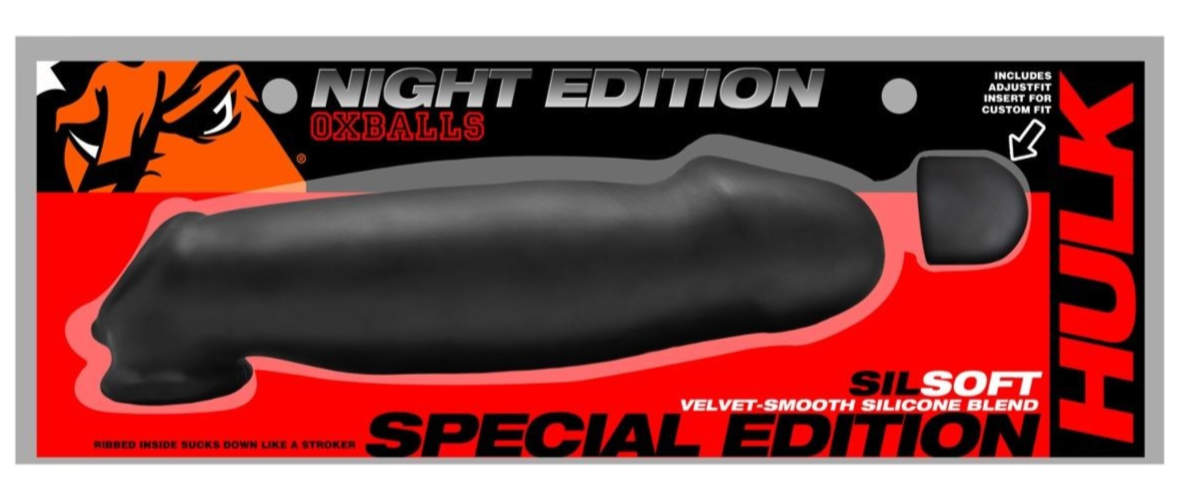 Silicone product packaging with 'Night Edition' and 'Hulk' branding on a red and black background.
