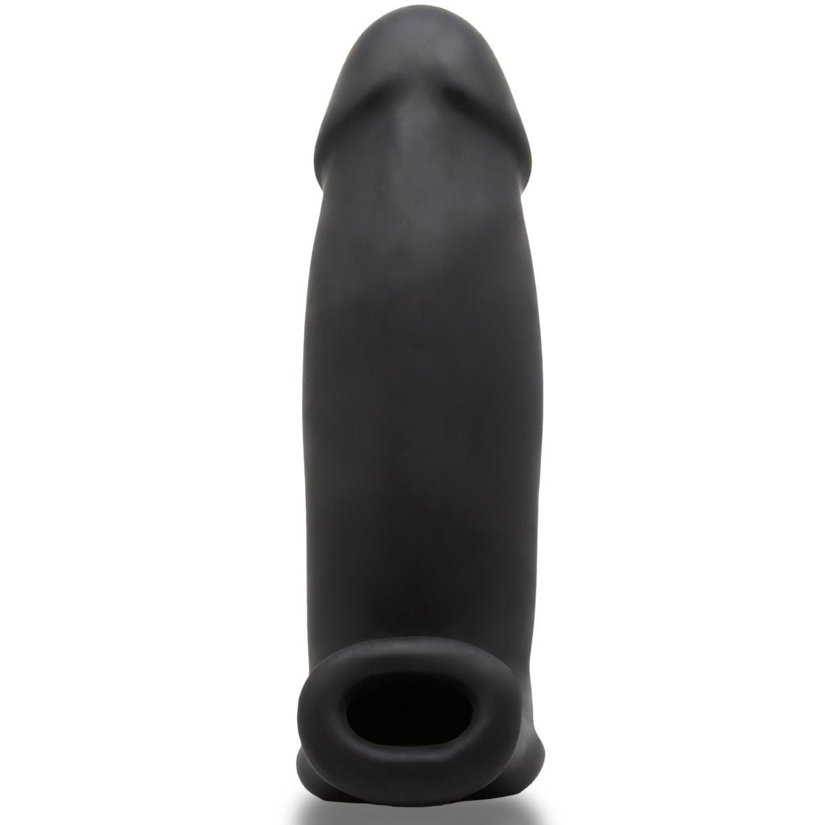 Black silicone penis sleeve extender on a white background
