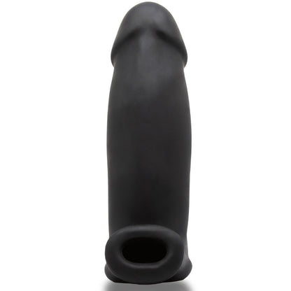 Black silicone penis sleeve extender on a white background