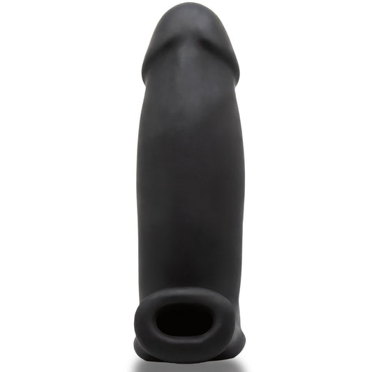 Black silicone penis sleeve extender on a white background