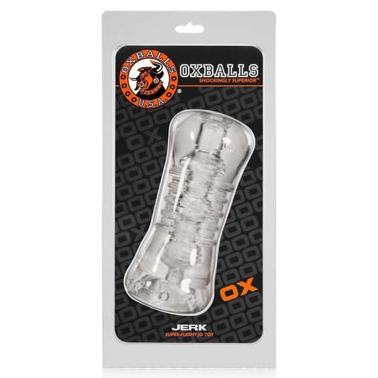 Clear silicone masturbator stroker in packaging with OXBalls branding on a white background